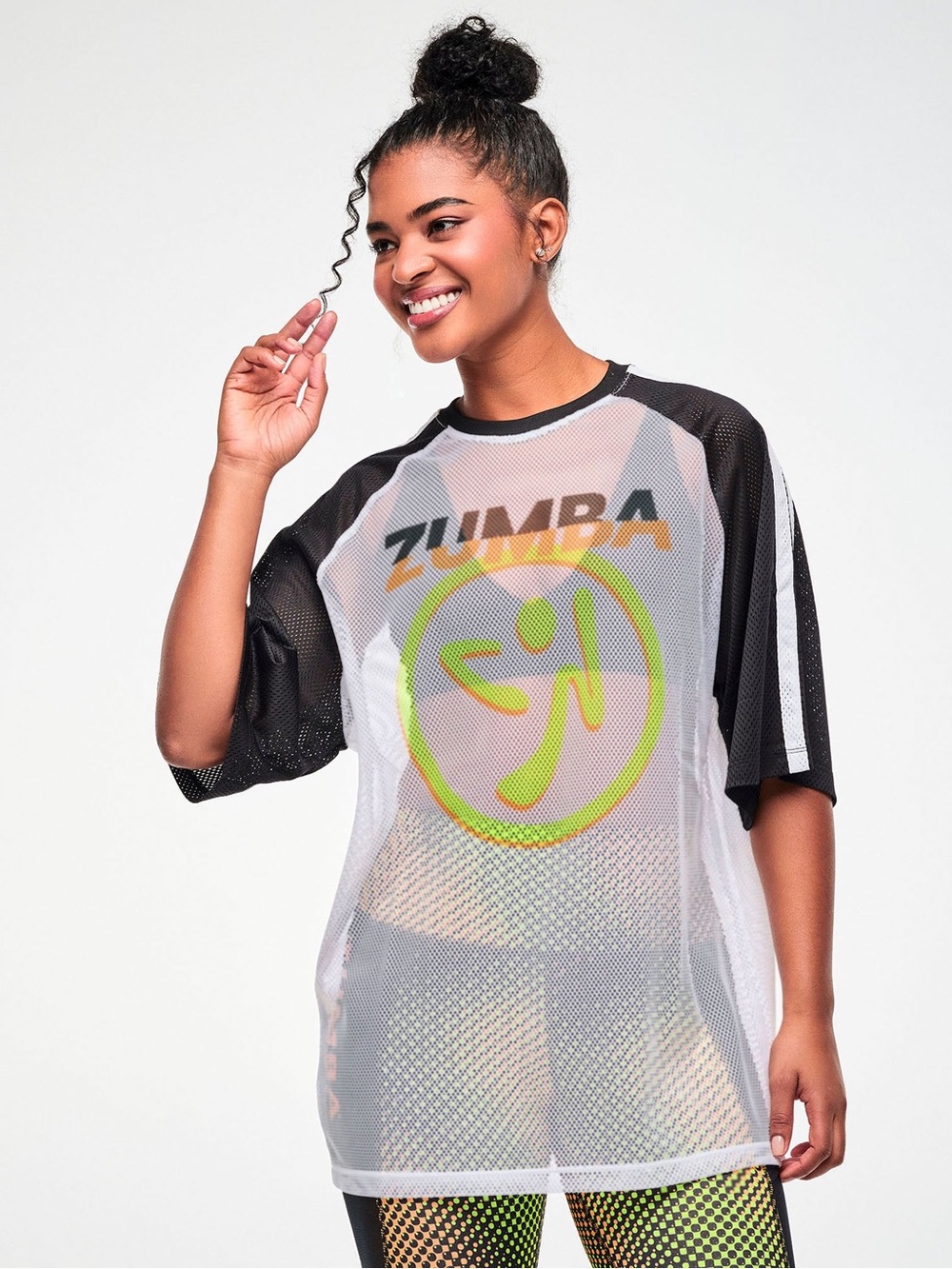 Zumba Fitness White Mesh Tee with Black Raglan Sleeves and Multicolor Logo